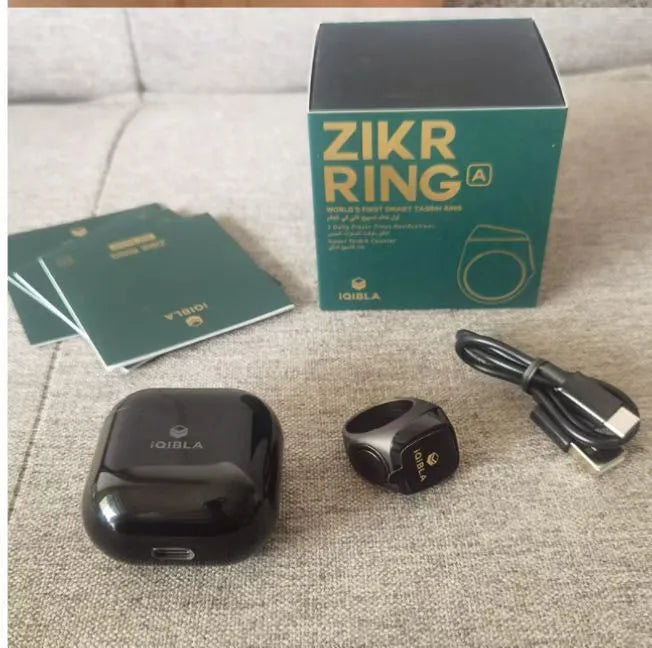 Zikr1 smart ring with OLED display showing Tasbih count, available in multiple colours and sizes