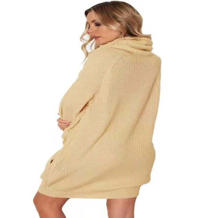 Mid-length apricot pullover sweater with a lapel collar, pocket, and loose slimming fit.