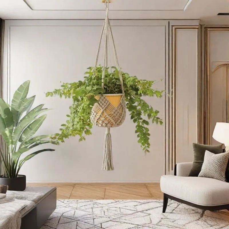 Hand-woven polyester cotton flower pot in minimalist net pocket design