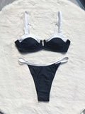 Black low waist bikini swimsuit with stitching split design on mannequin showing front and back views