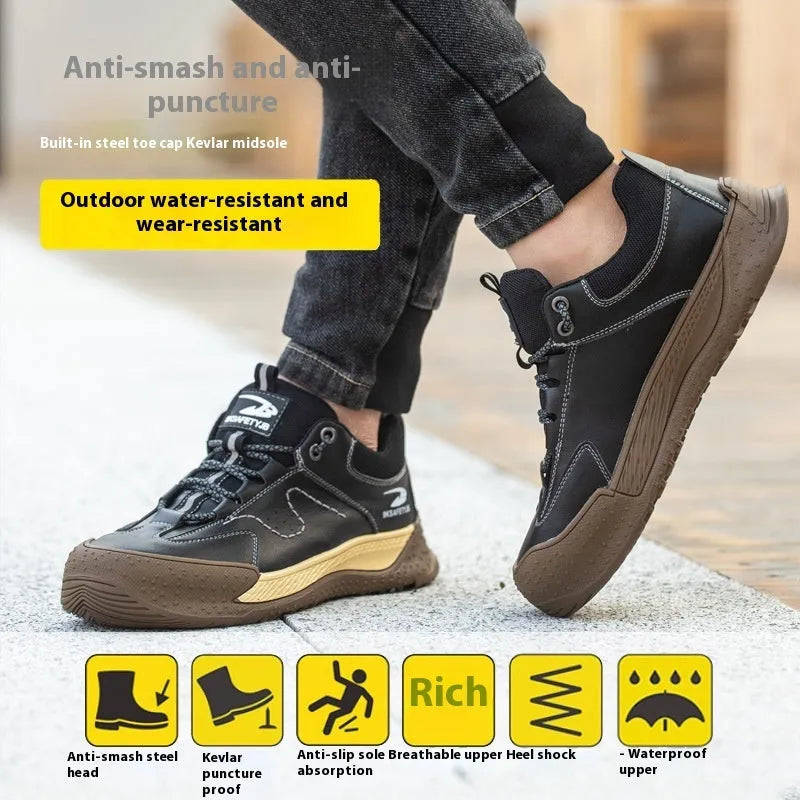 Flyknit work safety shoe with leather upper and rubber sole shown in black colour.