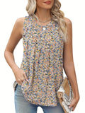 A woman's plus-size black sleeveless vest with a floral print, featuring a round neck and loose fit.