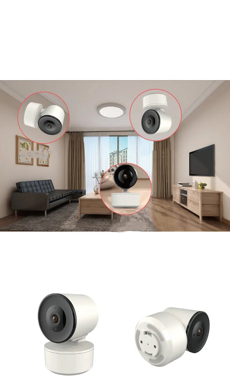 White indoor WiFi security camera with lens on a swivel base for pan and tilt movement.
