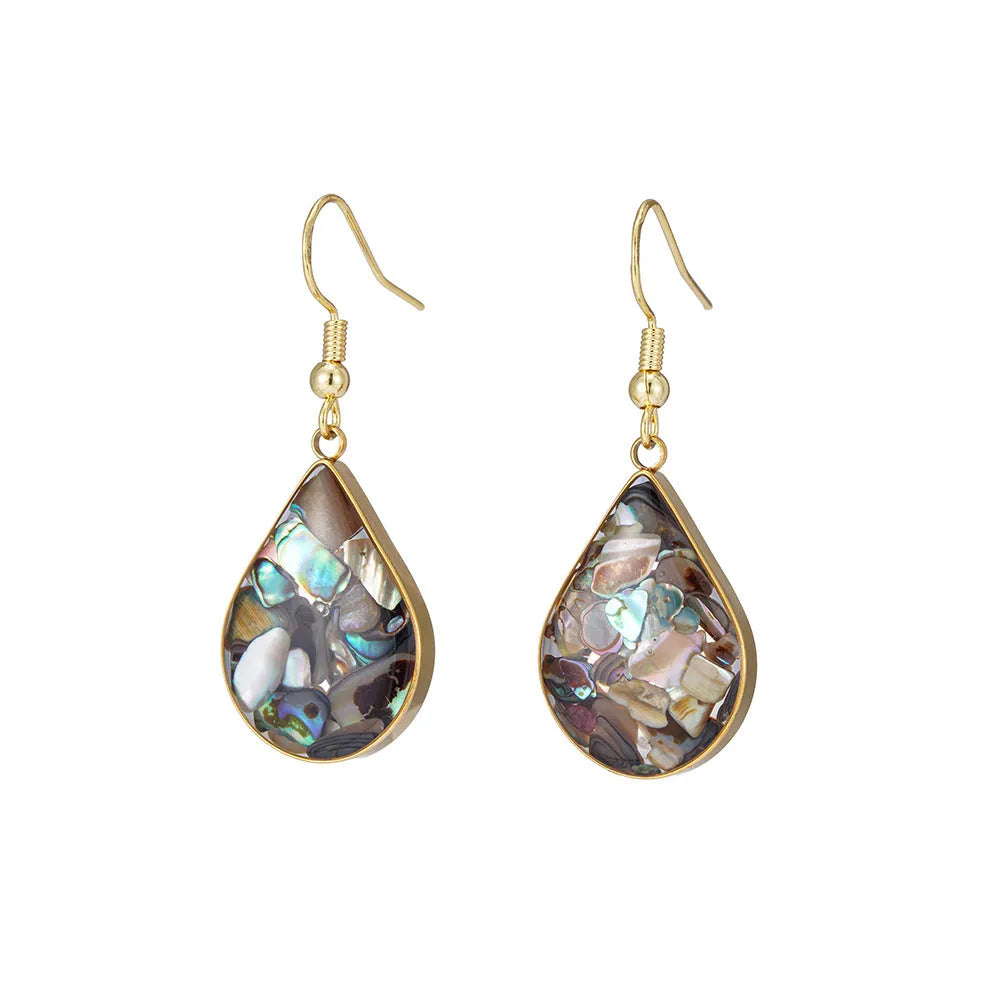 French retro teardrop-shaped abalone and shellfish earrings in 18K gold finish