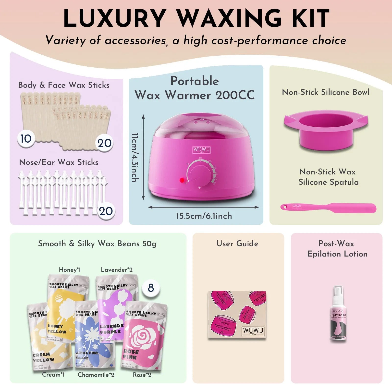 WUWUVISTA 63-piece waxing kit with black wax warmer, wax beans, application sticks, and lotion