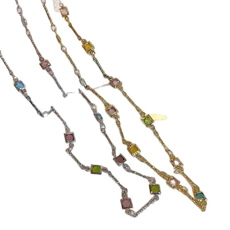 Square colour clavicle chain necklace with geometric quadrilateral shape and artificial crystal material