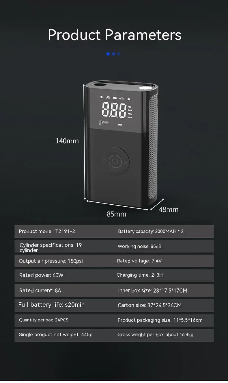 Wireless handheld digital tyre pump with LCD display, black ABS casing, and set of inflation nozzles.