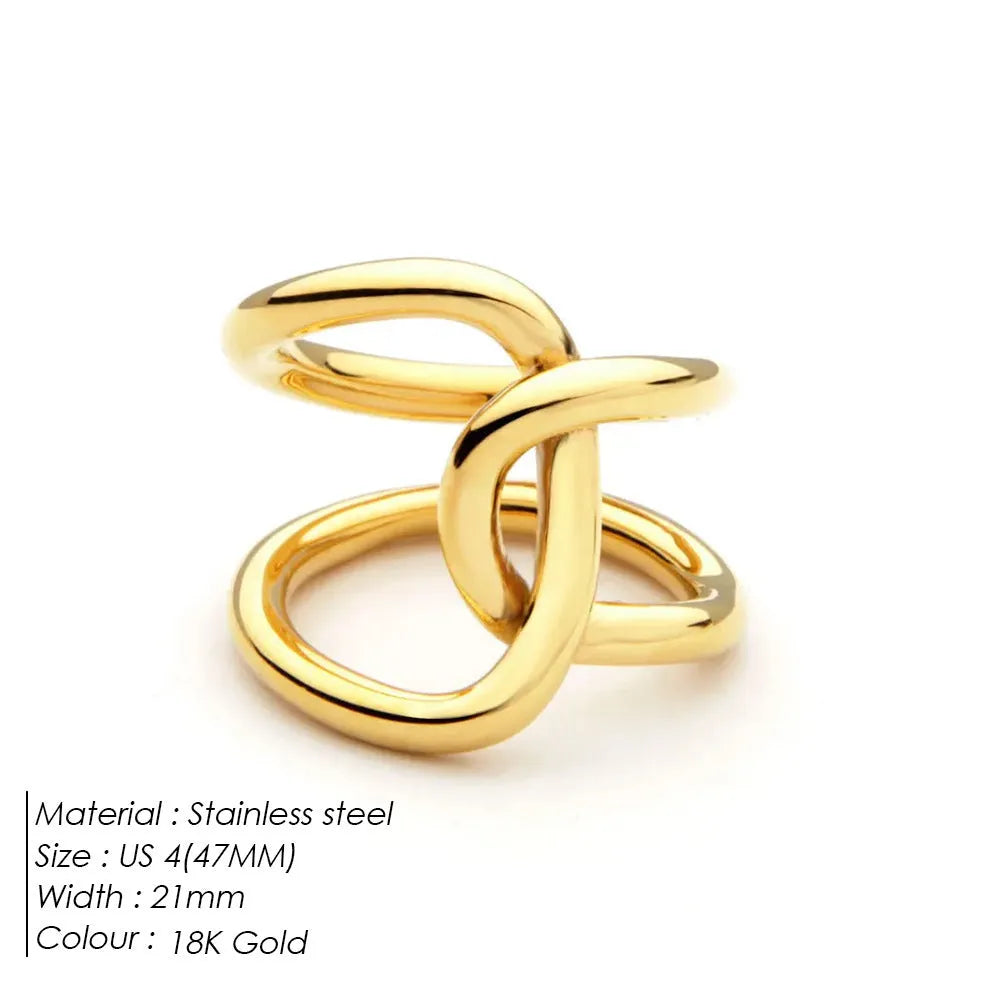 Adjustable open knot ring for women in stainless steel, showing geometric U-shape design in gold or steel colour.