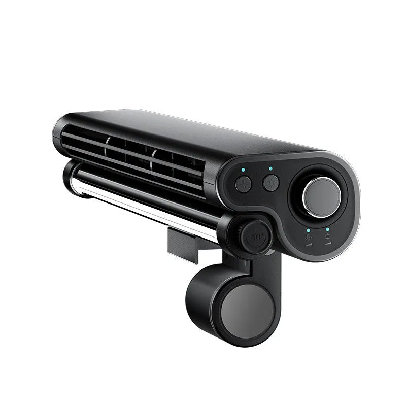 Black bladeless USB desk fan with an integrated lamp, shown clipped to the top of a laptop screen.