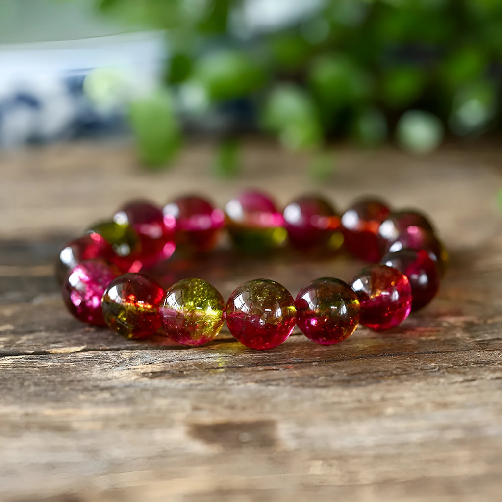 Women's watermelon crystal bracelet with pastoral style beads in handmade design.
