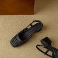 Women's beige woven hollow-out sandals with closed toe, chunky 4cm heel, and ankle buckle strap on a white background.