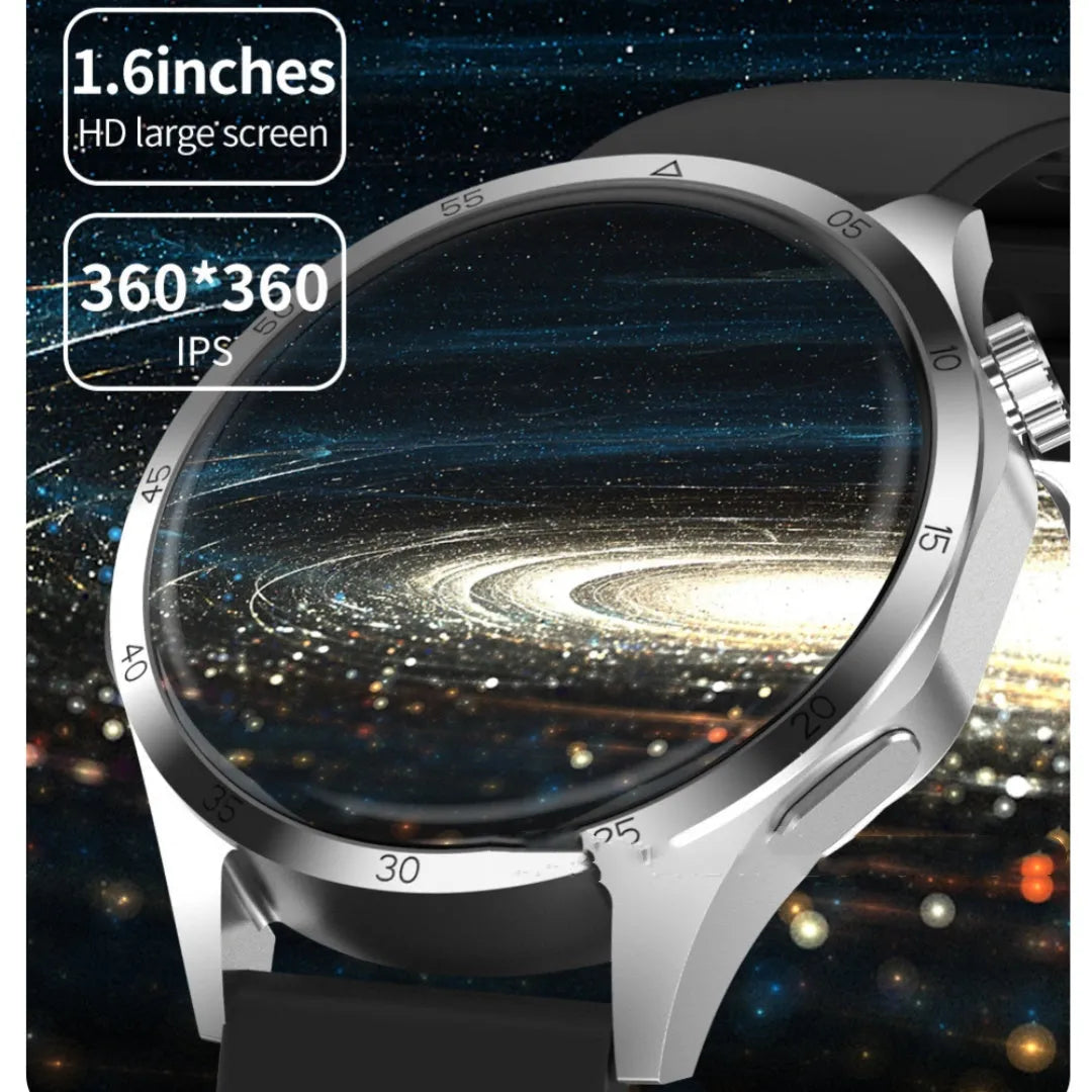 Black smartwatch with Bluetooth calling and sports modes on a silicone strap, displaying heart rate data.