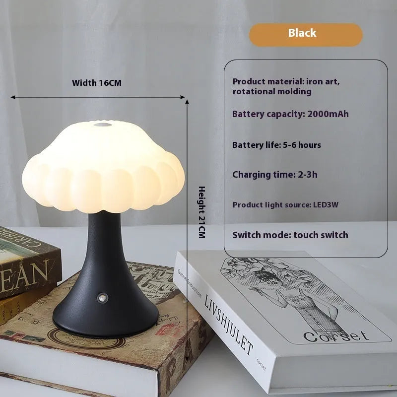 Mushroom-shaped touch control night lamp with USB charging port in wood grain colour