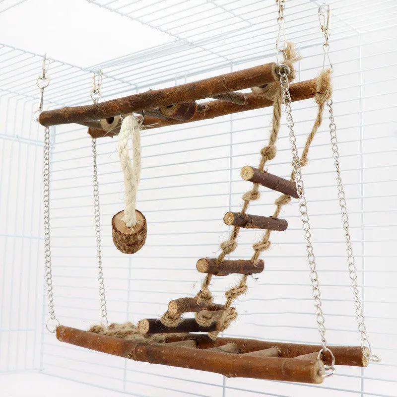 Wooden suspension bridge ladder climbing frame toy for small pets in natural wood colour, size 27x8x23cm