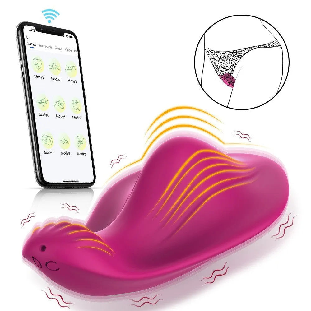 Rose red butterfly-shaped wearable female massager with USB charging port and mobile app control