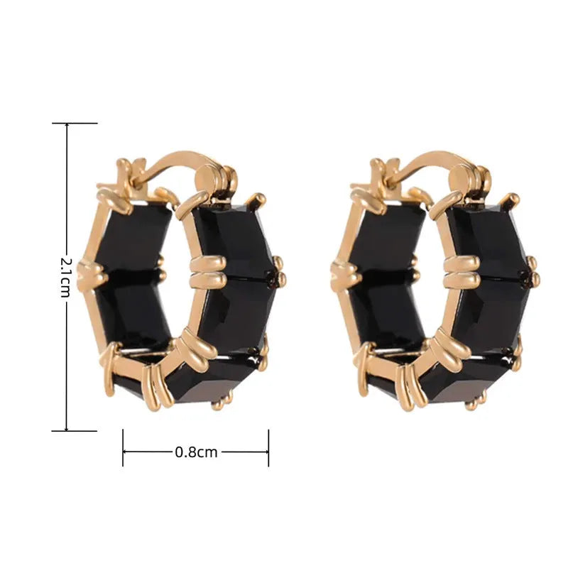 Geometric U-shaped gold earrings with round crystal zirconium stones in black, pink, or white options