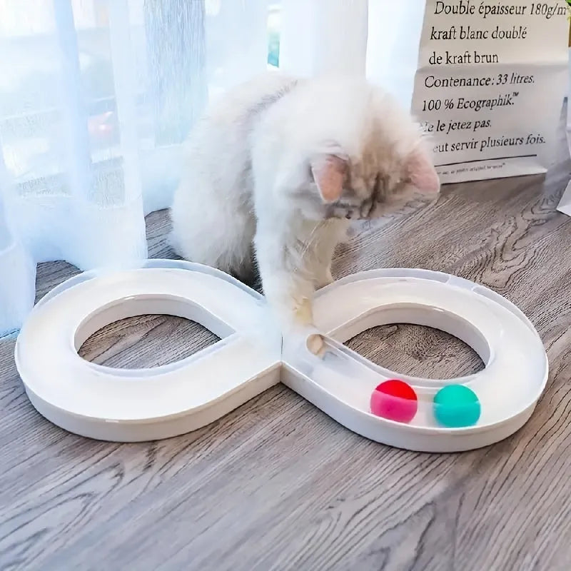 Blue and white cat turntable track ball toy with built-in teaser stick measuring 50 cm