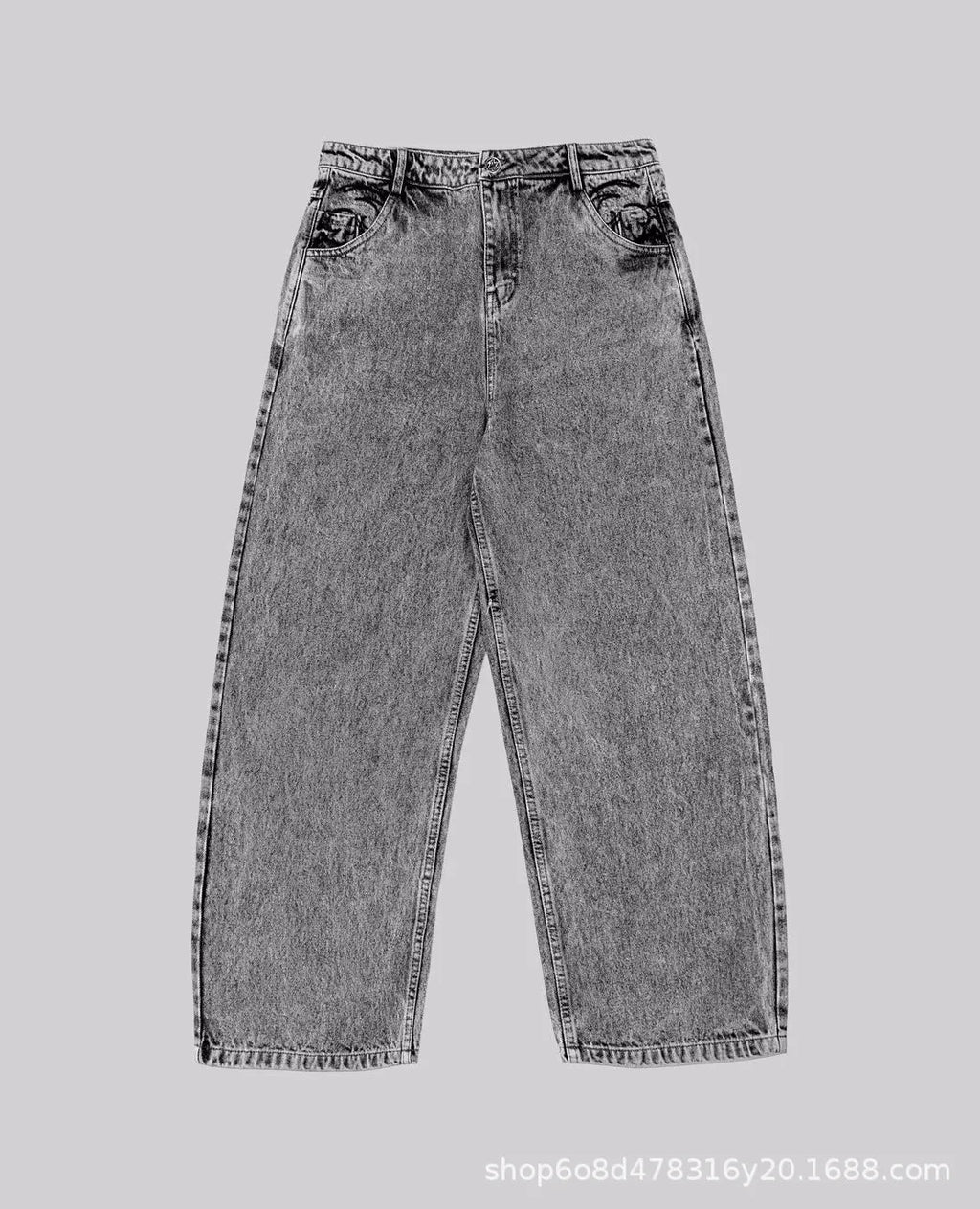 Grey loose straight-leg denim trousers showing mid-waist design and relaxed fit