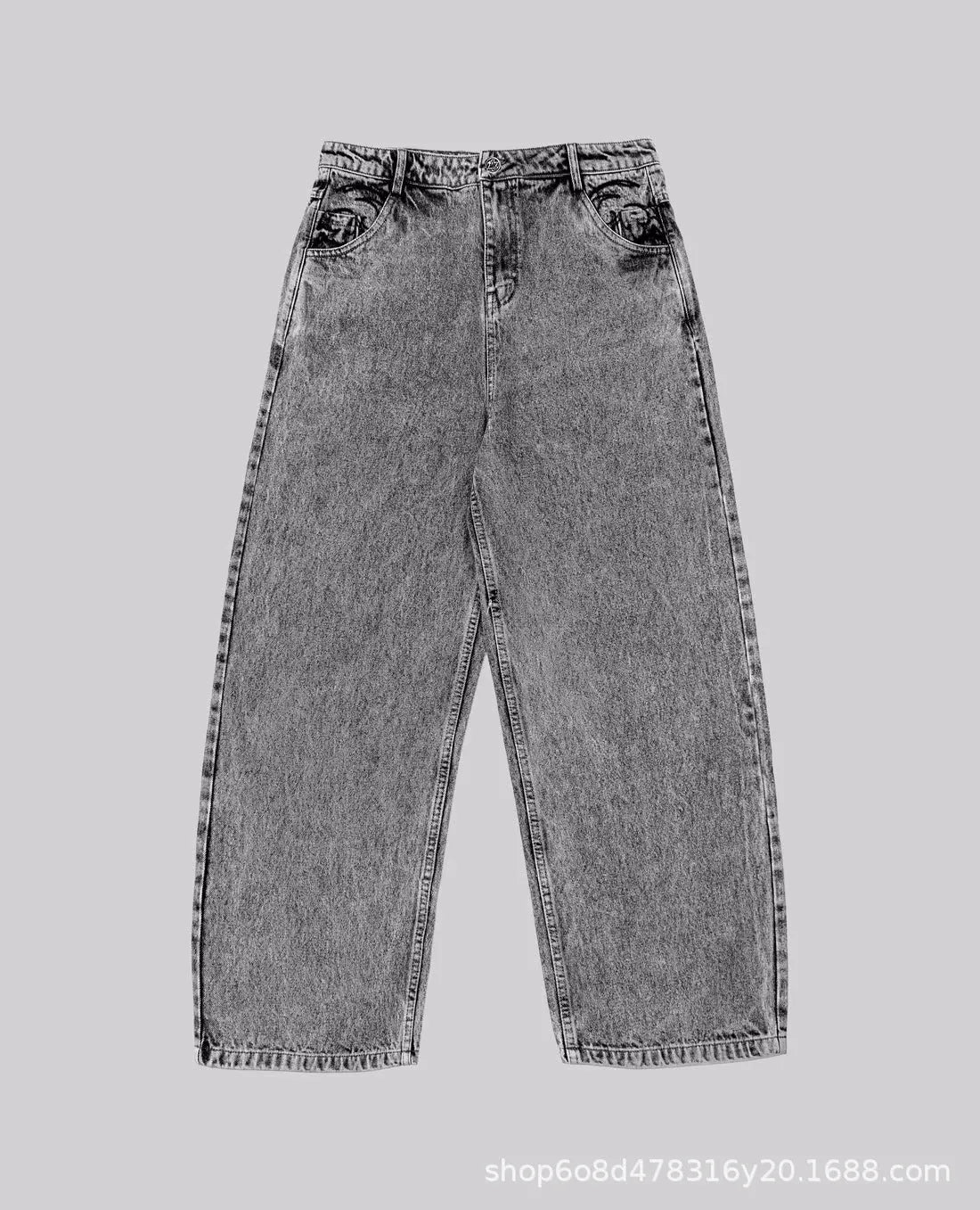 Grey loose straight-leg denim trousers showing mid-waist design and relaxed fit
