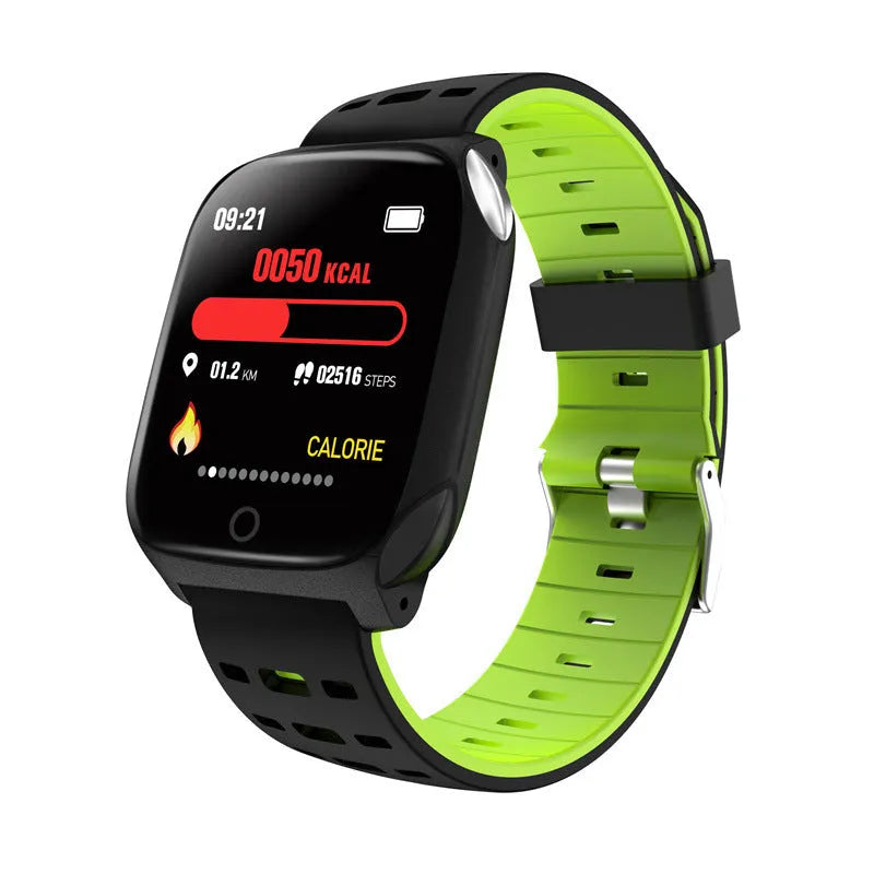 F16 smart watch with black and green silicone strap displaying health metrics on its screen.