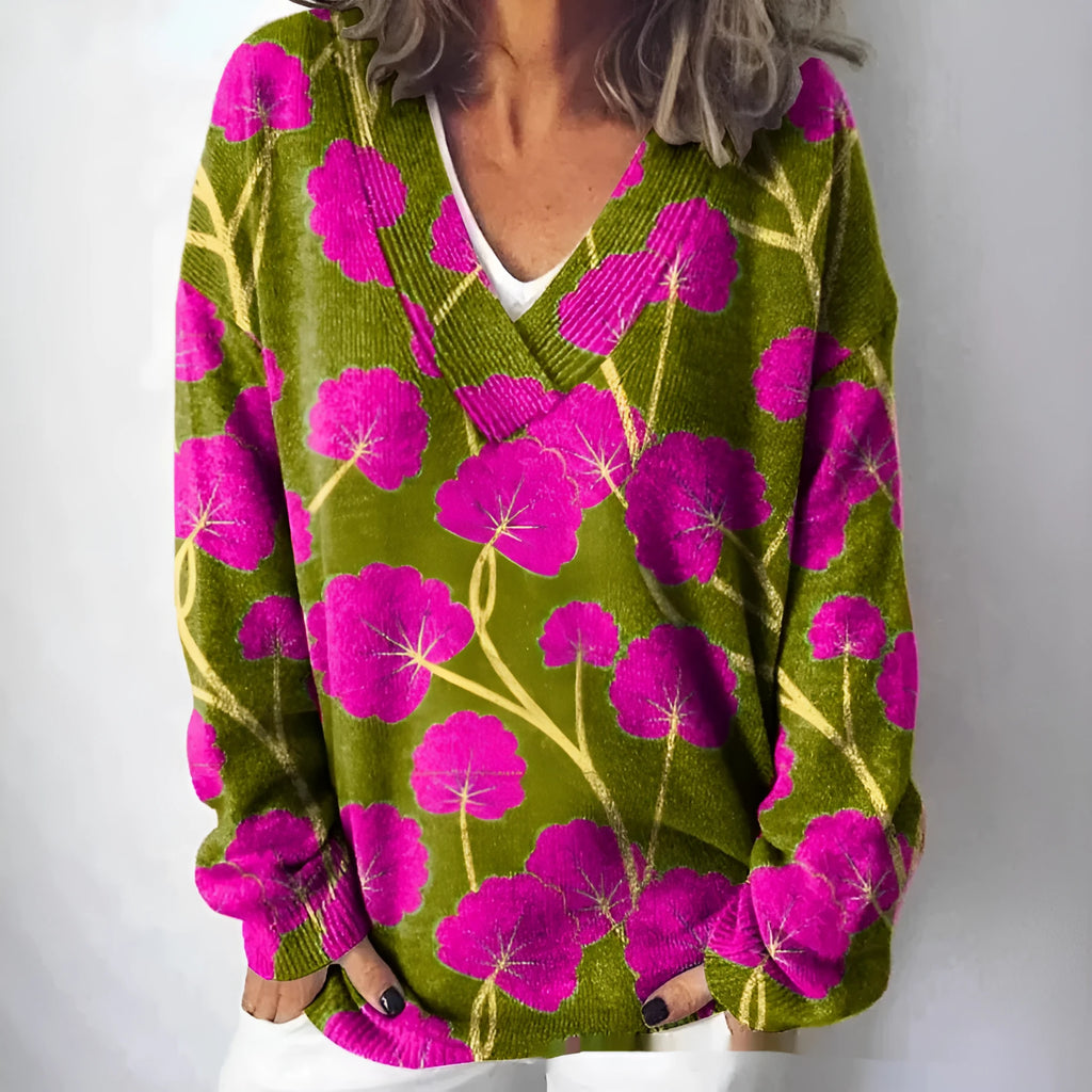 Women's V-neck long sleeve sweatshirt with a full-coverage 3D floral printed pattern in an art retro style.