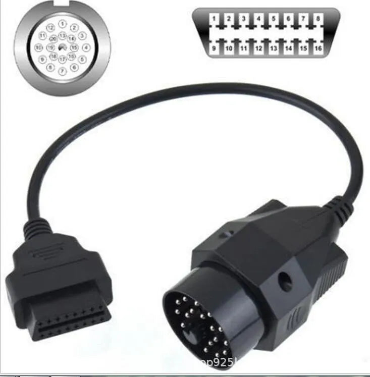 BMW OBD2 diagnostic adapter cable showing 20-pin and 16-pin OBD2 connectors