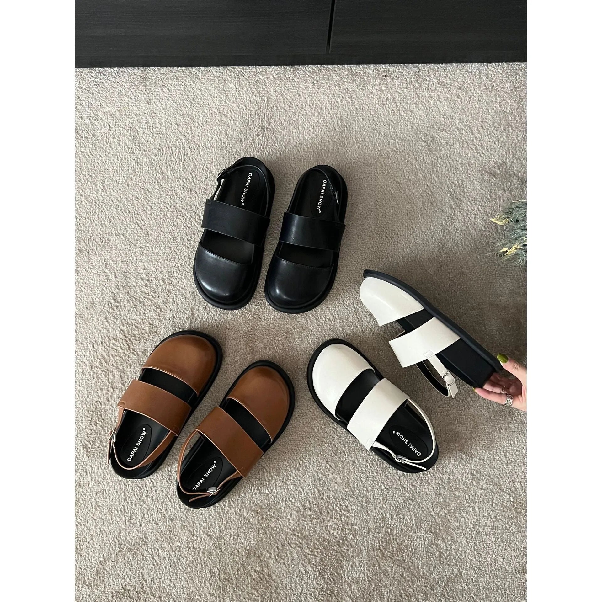Retro raised sole sandals with ankle buckle in microfibre, shown in apricot colour
