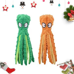 Blue, green, orange, and purple octopus-shaped dog squeaky toys with no stuffing on a white background.