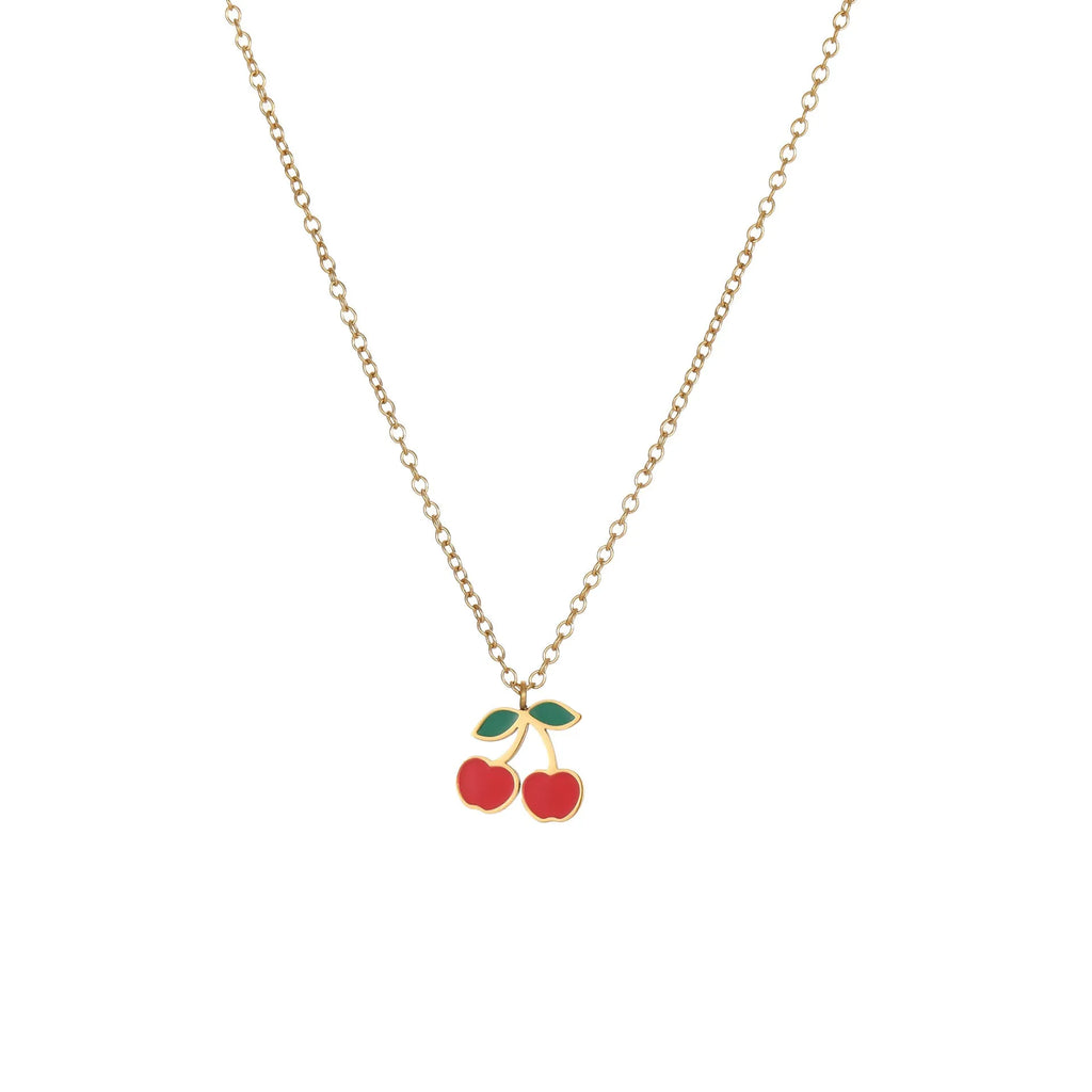 Cherry jewellery set showing necklace, bracelet, earrings, and ring in stainless steel with cherry design
