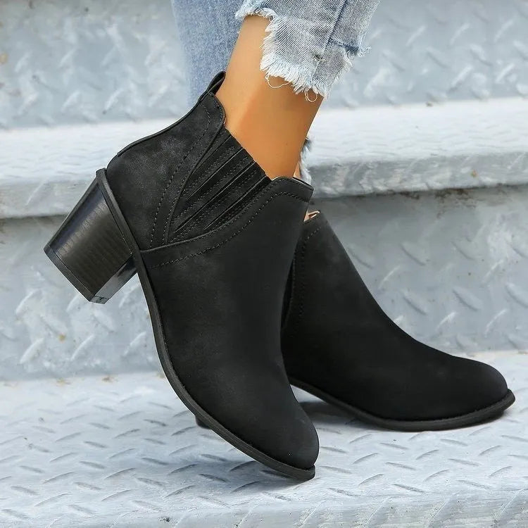 Women's black pointed toe ankle boots with thick square heel in artificial PU material