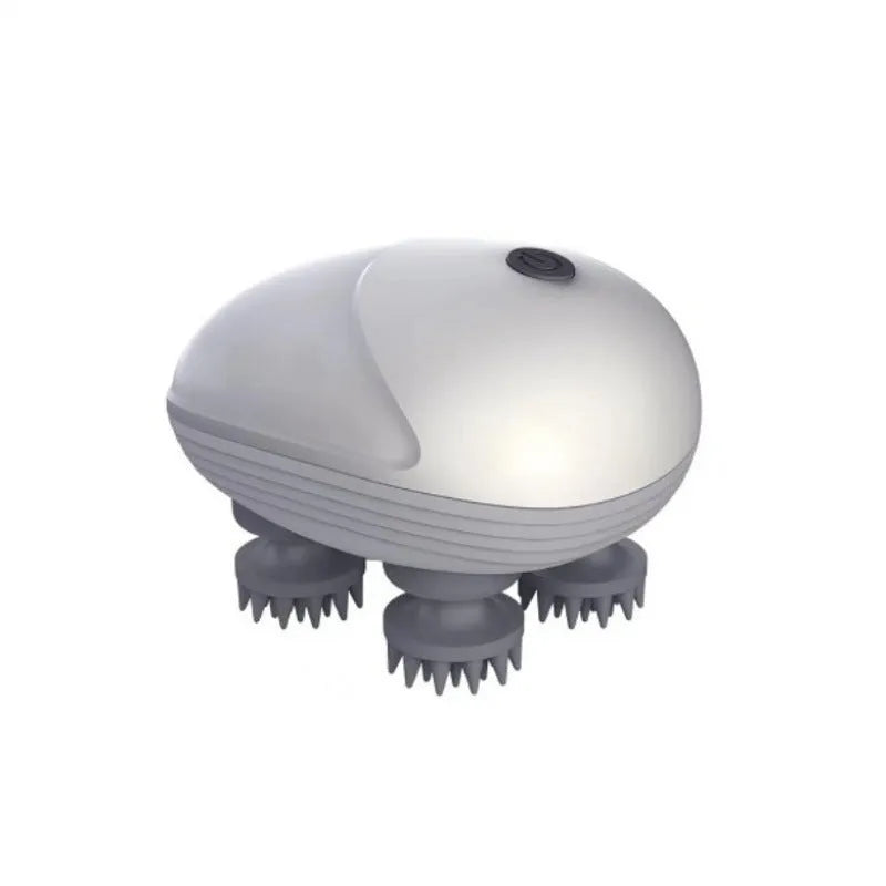 Blue handheld electric pet massager with rotating heads on a white background.