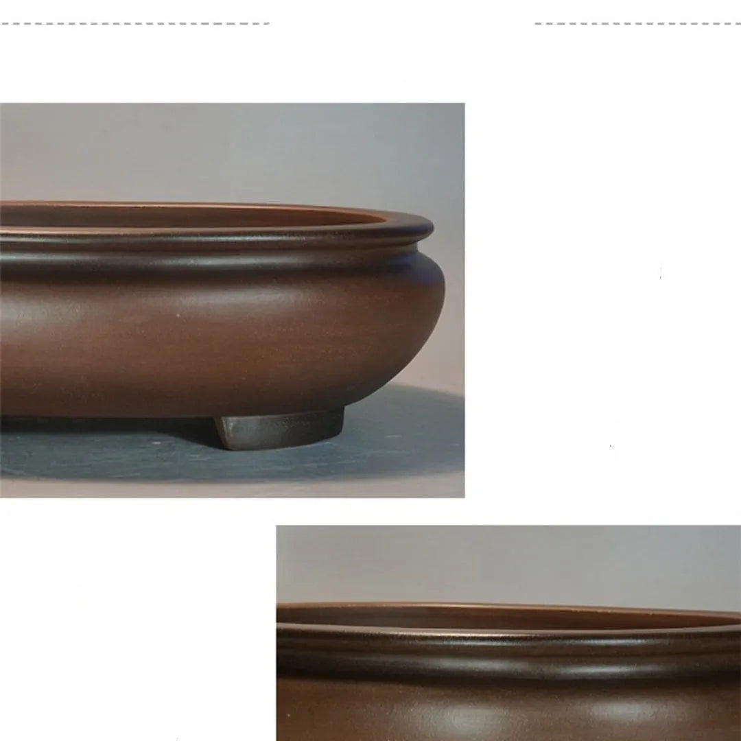 Handmade classical purple clay sand flowerpot on a desktop, showing its 58cm length and 18cm height.