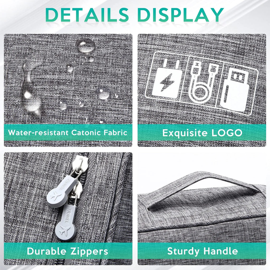 Black waterproof electronics organiser bag open to show removable dividers and mesh pockets for cables.