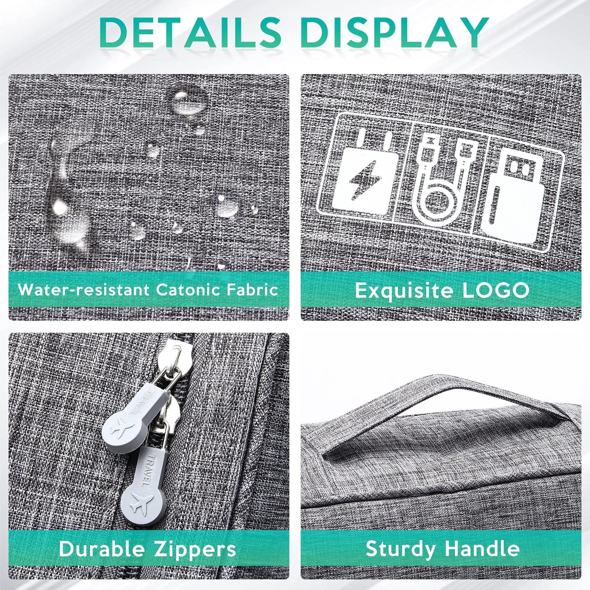 Black waterproof electronics organiser bag open to show removable dividers and mesh pockets for cables.
