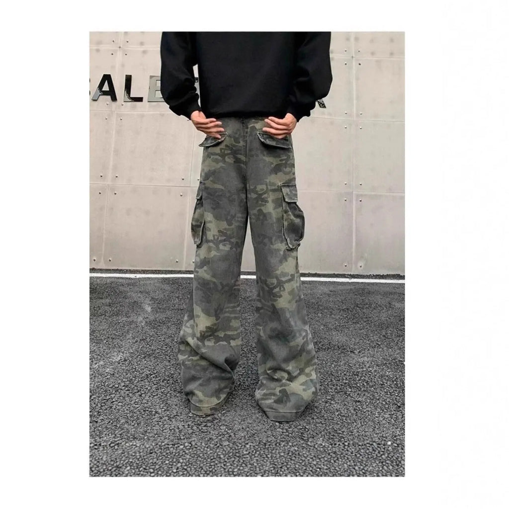 American vintage washed camouflage cotton blend cargo pants with multiple pockets on a mid waist.