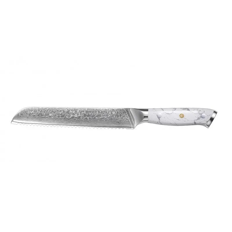 Damascus pattern chef's knife with 21cm VG10 steel blade and 11cm handle on a kitchen counter.