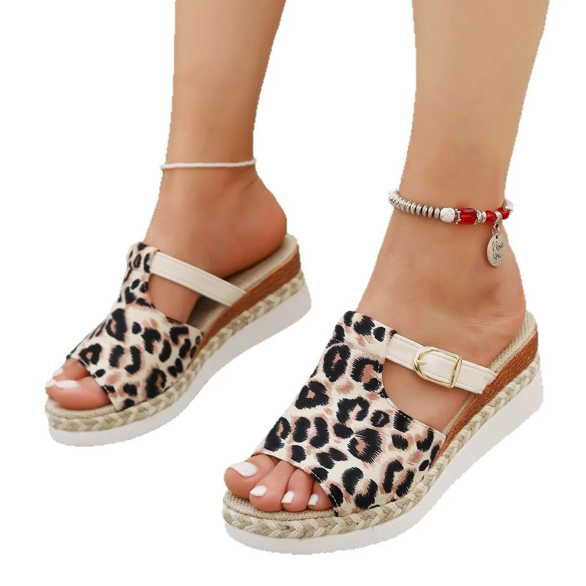 Women's leopard print wedge platform sandals with fish mouth toe in light green colour