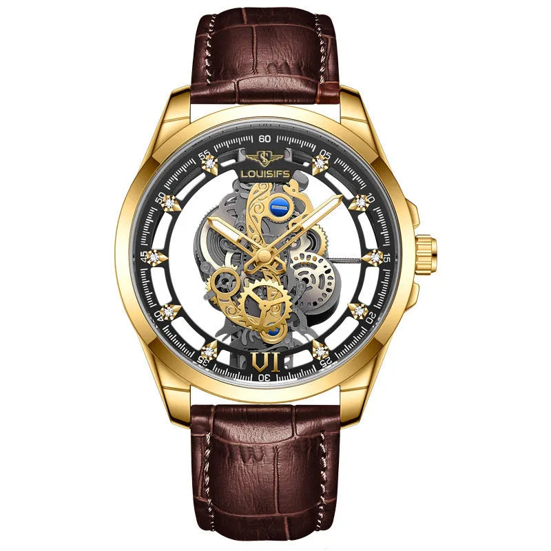 Swiss men's quartz watch with hollow design, gold shell and brown leather strap, 12mm thickness