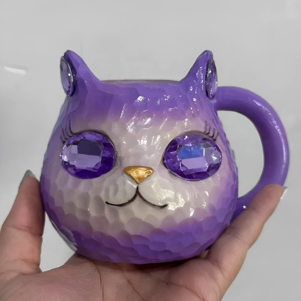 American style Crystal Earth resin cat cup ornament in purple, green, blue, or pink colour