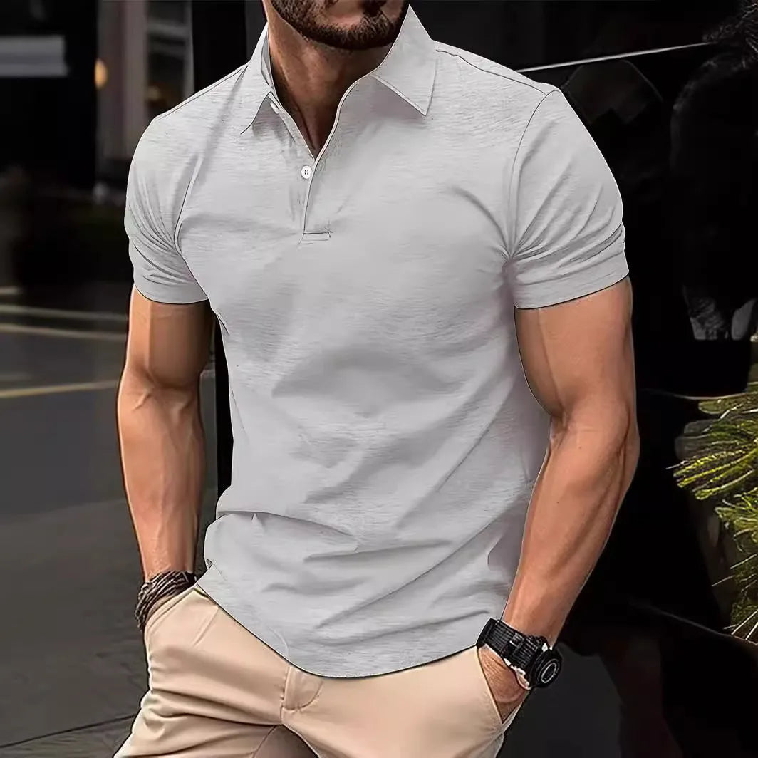 Men's slim fit short sleeve button-up shirt in cotton polyester blend, multiple solid colour options displayed