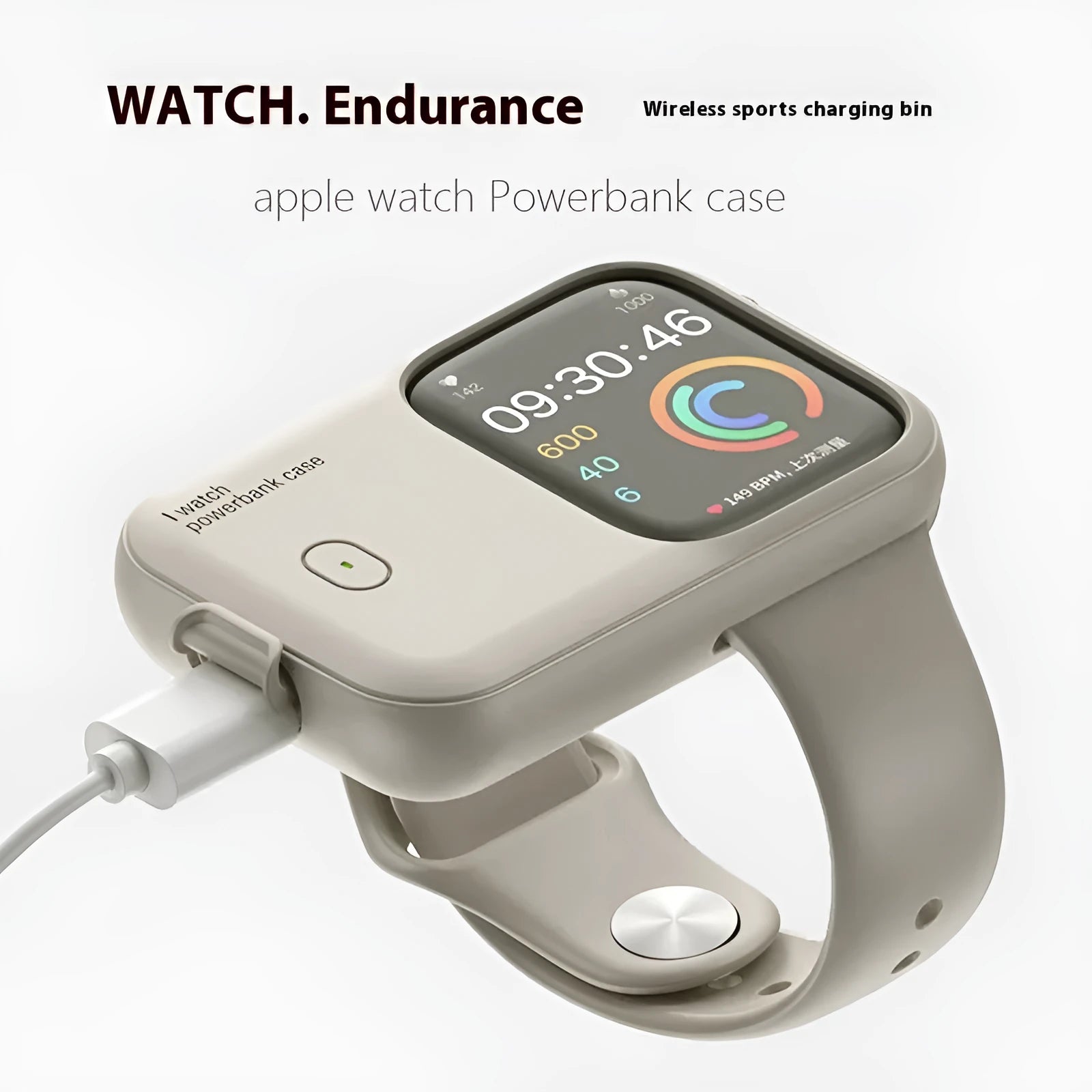 Portable Apple Watch charging case power bank with silicone sleeve in brown, blue, and starlight colours