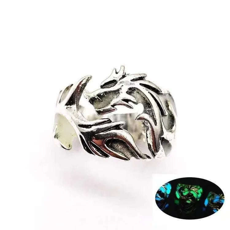 Adjustable metal ring with luminous dragon pattern in archaism silver blue and green