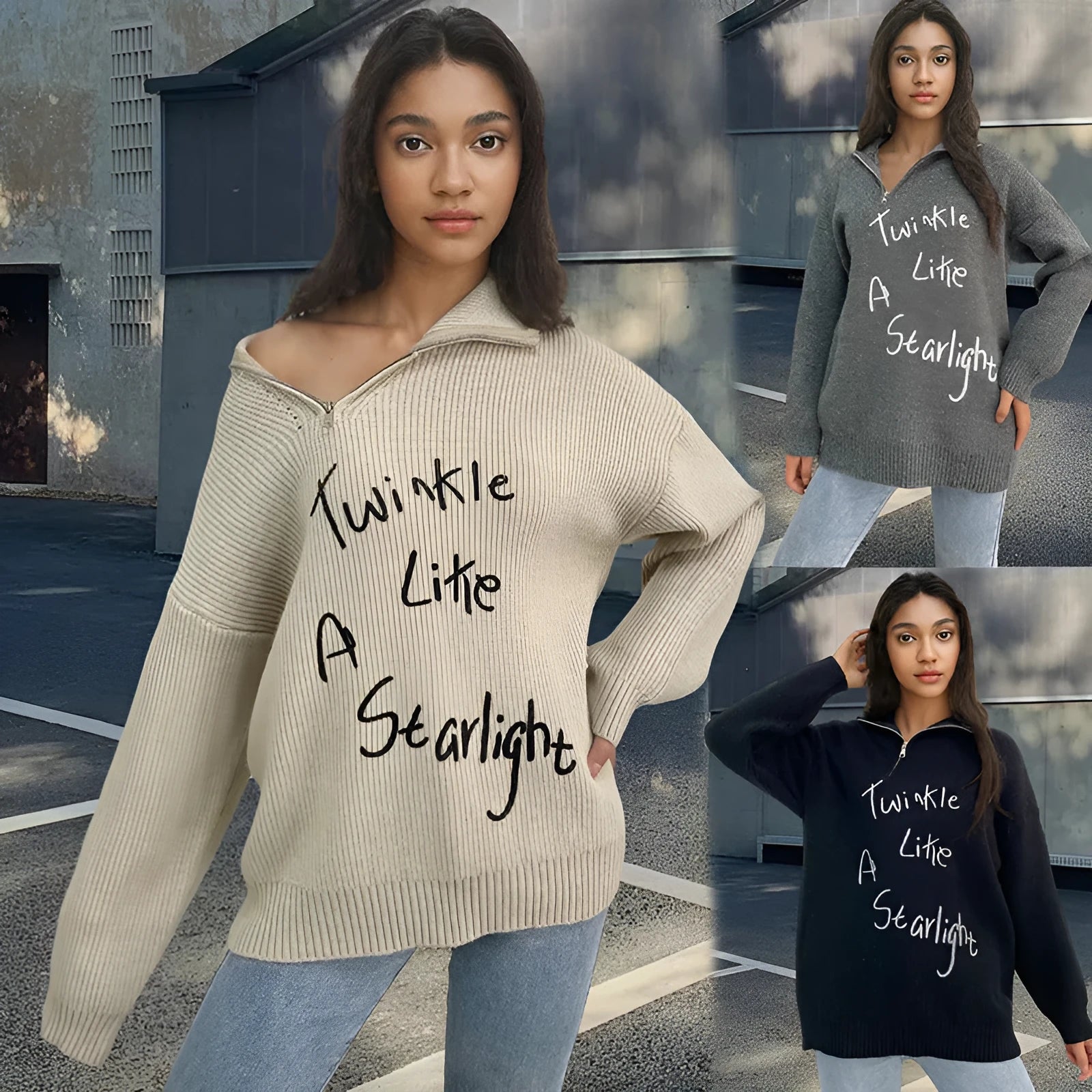 Women's alpaca wool pullover sweater with oblique zipper, loose lapels, and retro turtleneck design in light khaki colour