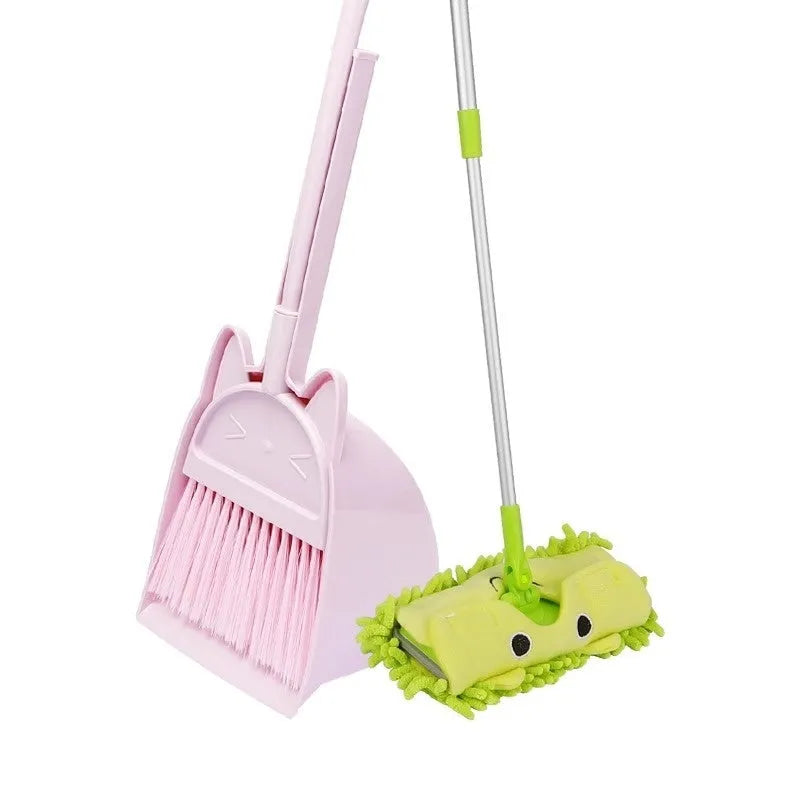 Purple, green, or beige plastic broom and dustpan set with non-stick rotating head and brush holder