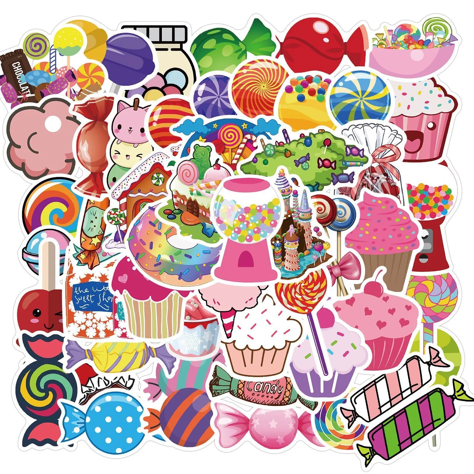 Pack of 50 colourful candy graffiti cartoon stickers measuring 4-6cm on pink background