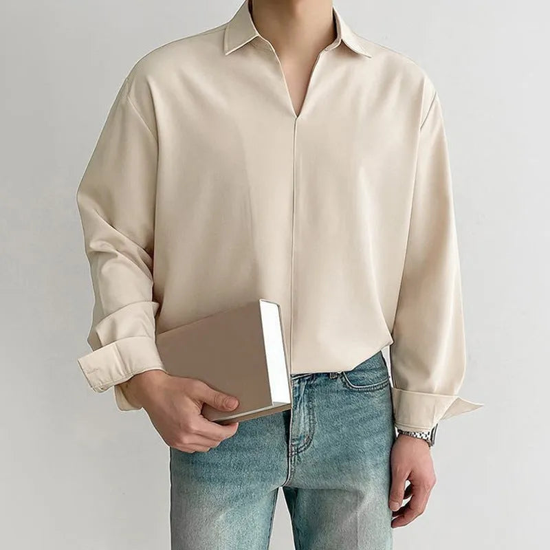 Men's loose lapel casual shirt in polyester blend available in white, black, skin tone and blue