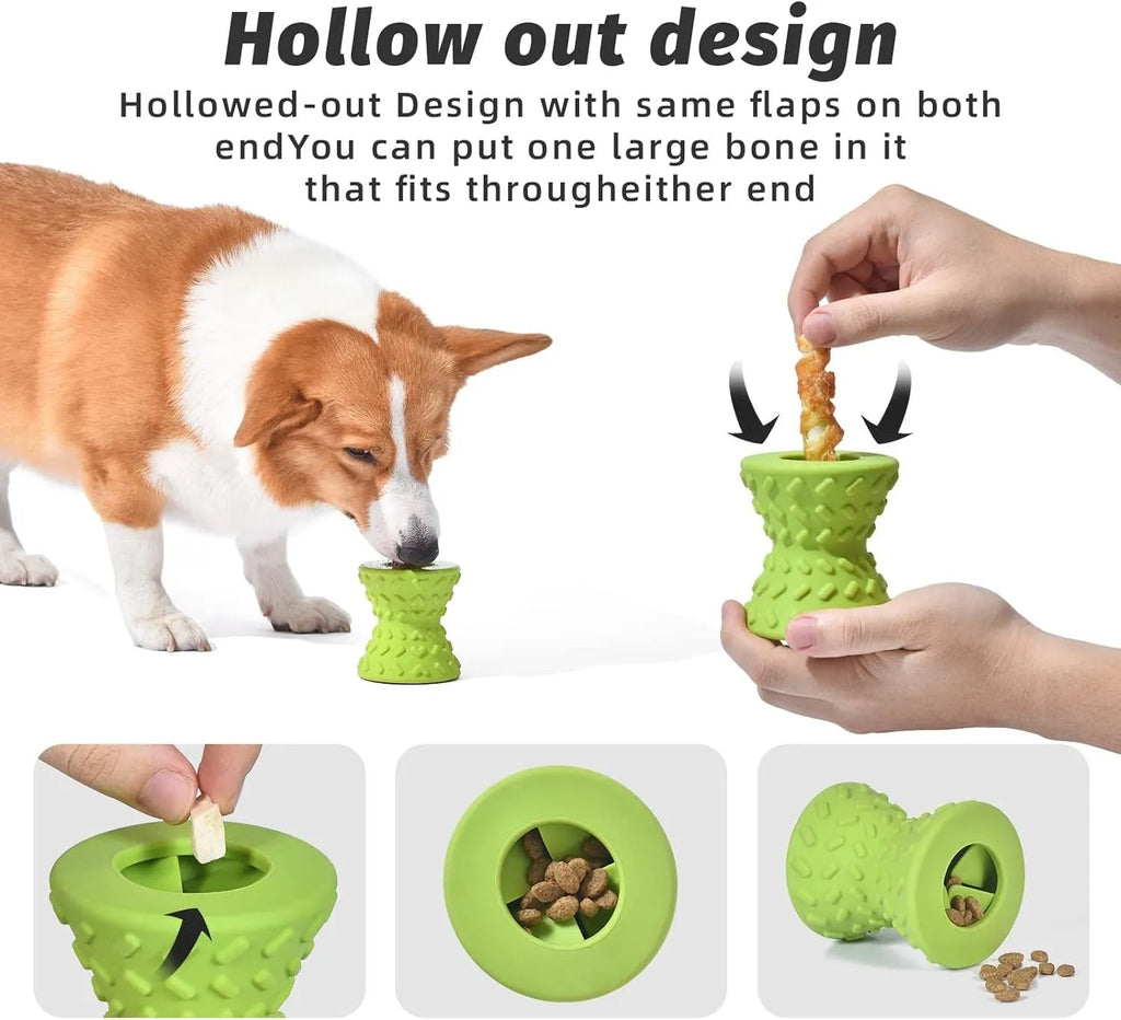 Natural rubber treat dispensing bone dog toy in blue colour with hollow centre and food leakage holes