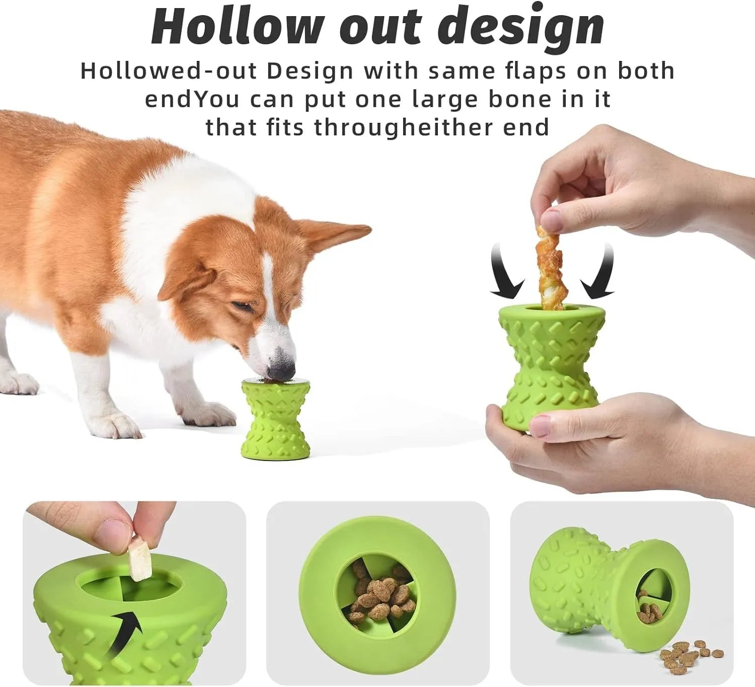 Natural rubber treat dispensing bone dog toy in blue colour with hollow centre and food leakage holes