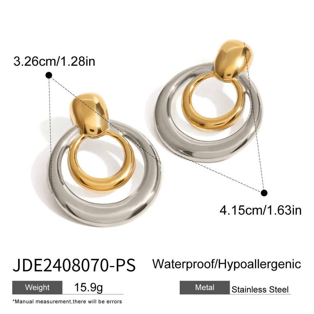 Golden round double layer hollow stud earrings with geometric design and electroplated finish