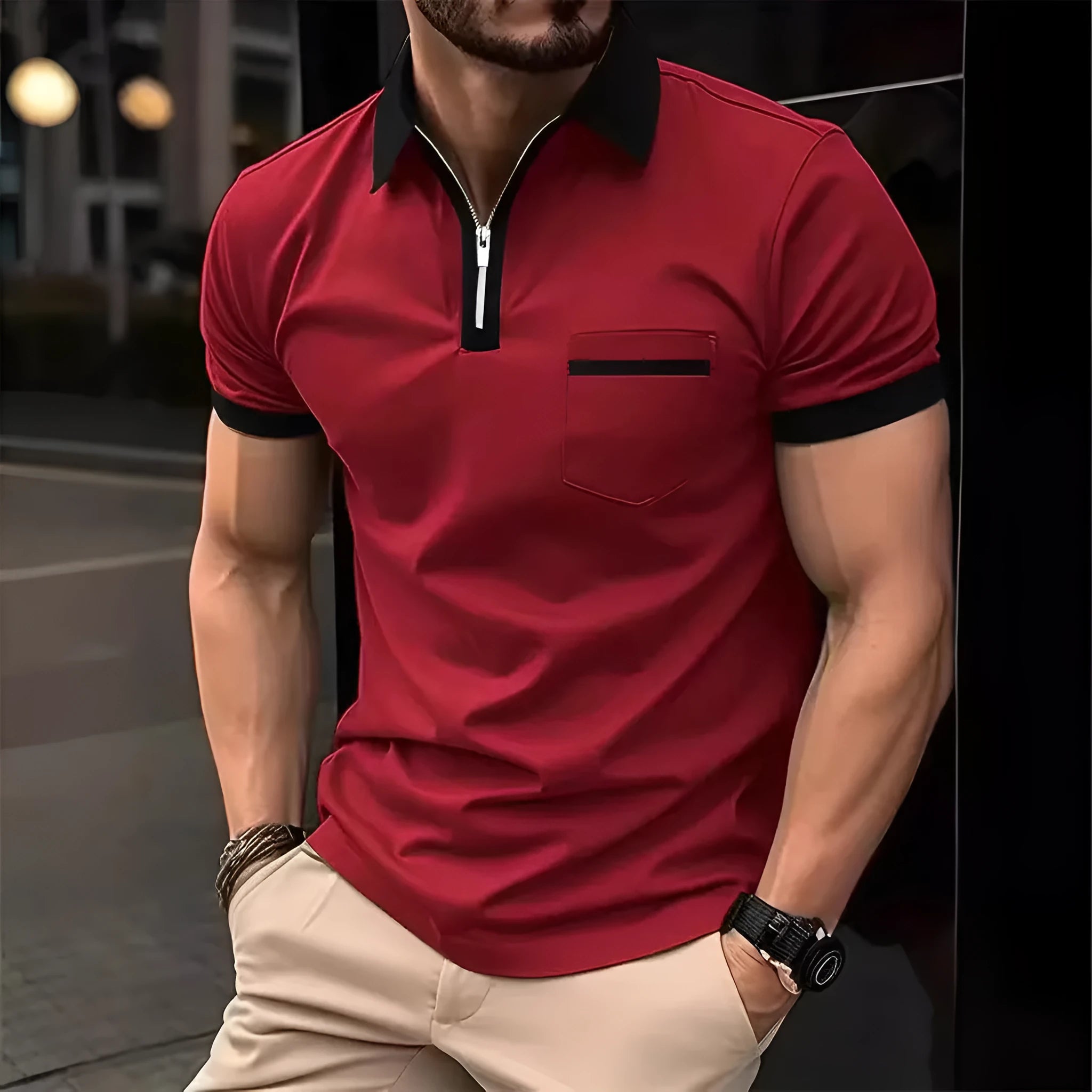 Men's loose-fit casual short-sleeved shirt with a chest pocket and decorative zip detail on the front.